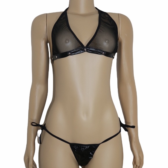 3 pc vegan leather/mesh Lingerie Set - Picture 6 of 6